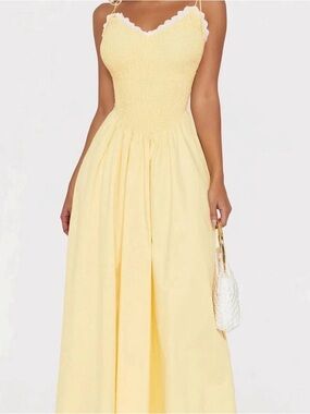 Fashion Nova Pale Yellow Smocked Bodice Maxi Dress